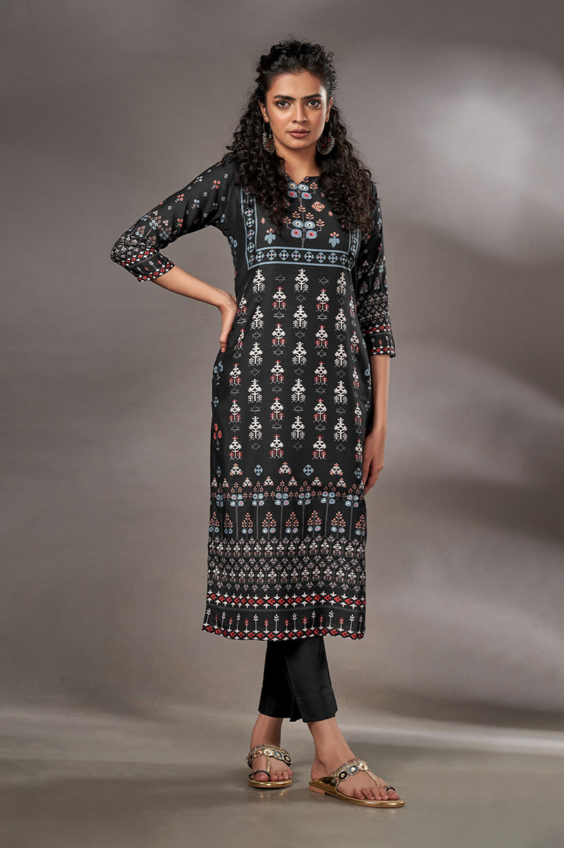 womens-cotton-block-printed-sequence-work-straight-kurta-with-pant-black