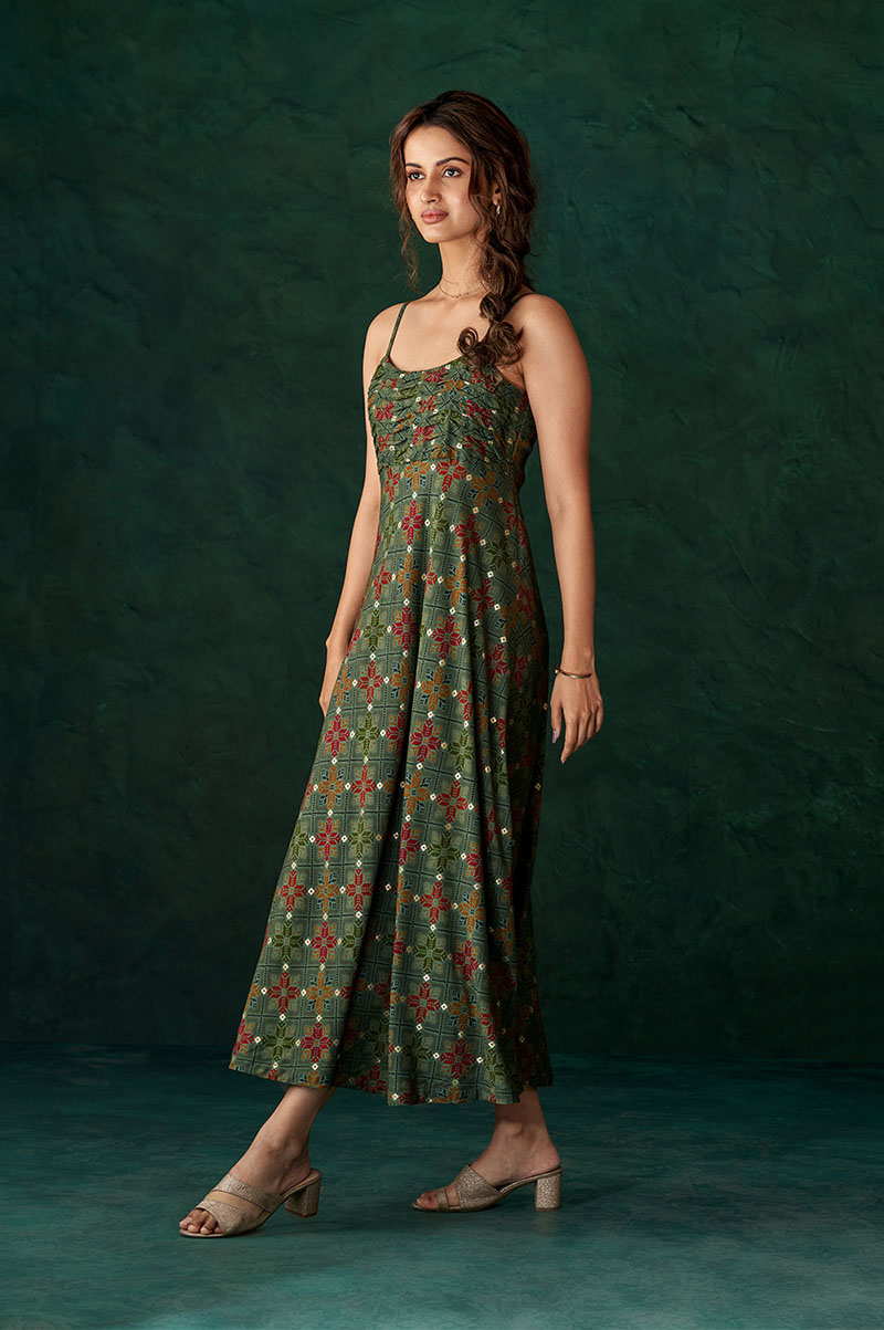 earthy-green-foil-print-midi-dress