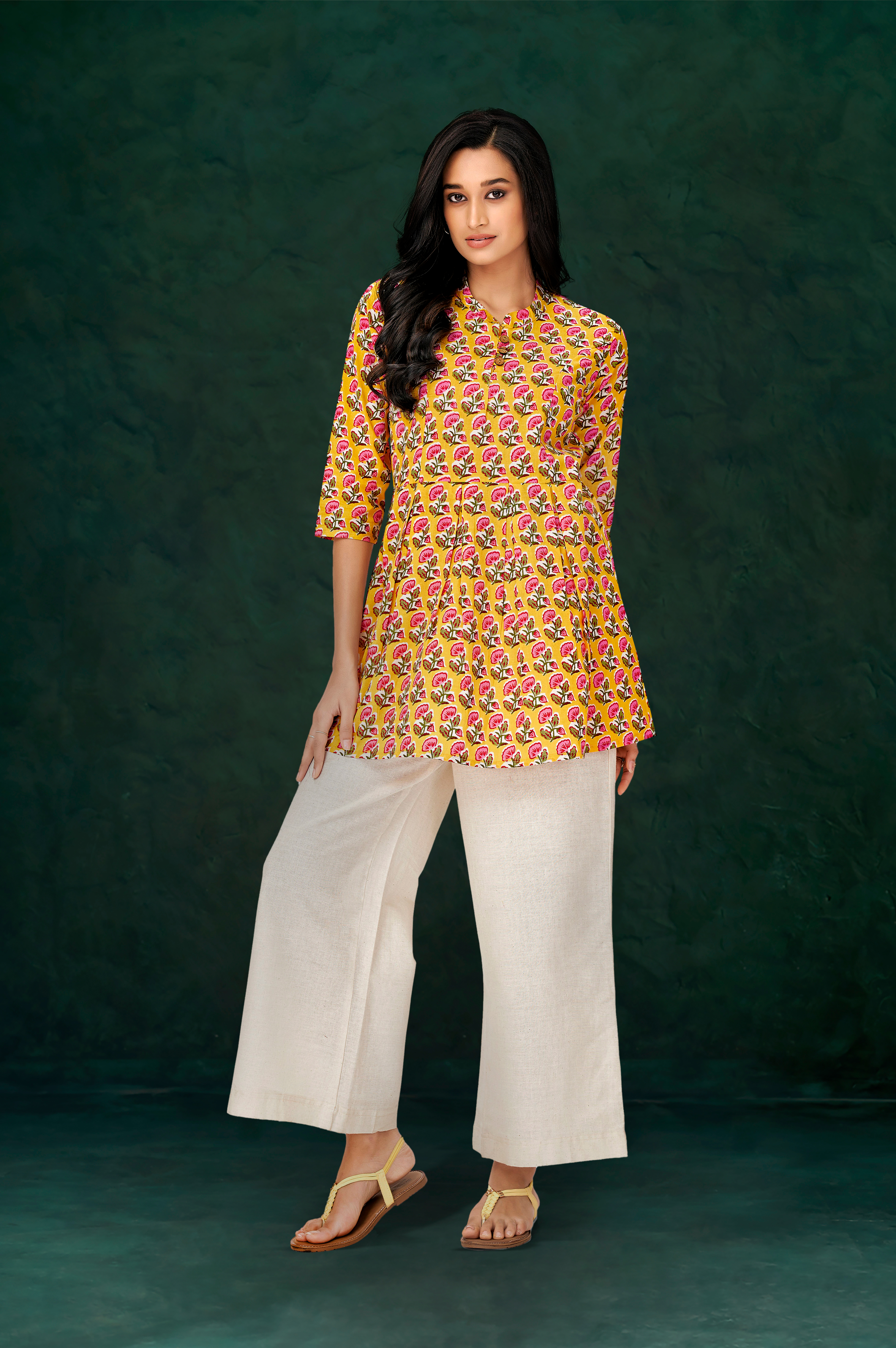 mustard-yellow-cotton-printed-floral-flared-top