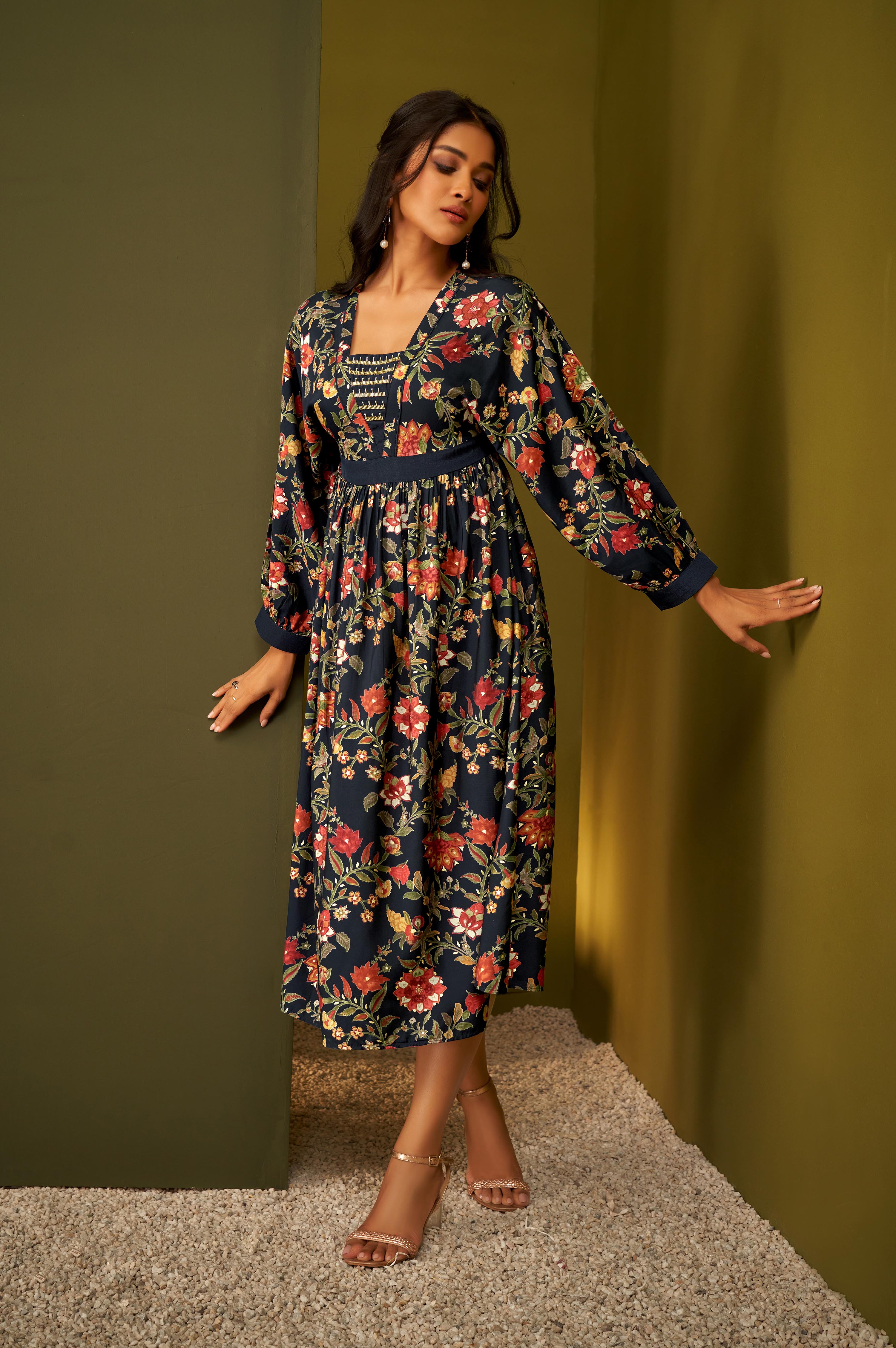 navy-blue-fit-and-flare-floral-foil-printed-dress