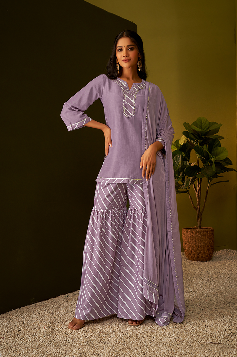 lilac-purple-short-kurta-sharara-and-dupatta-set