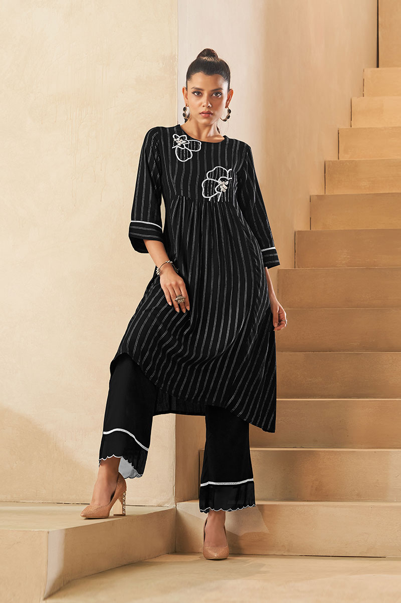 black-vertical-foil-print-embroidered-viscose-kurta-set