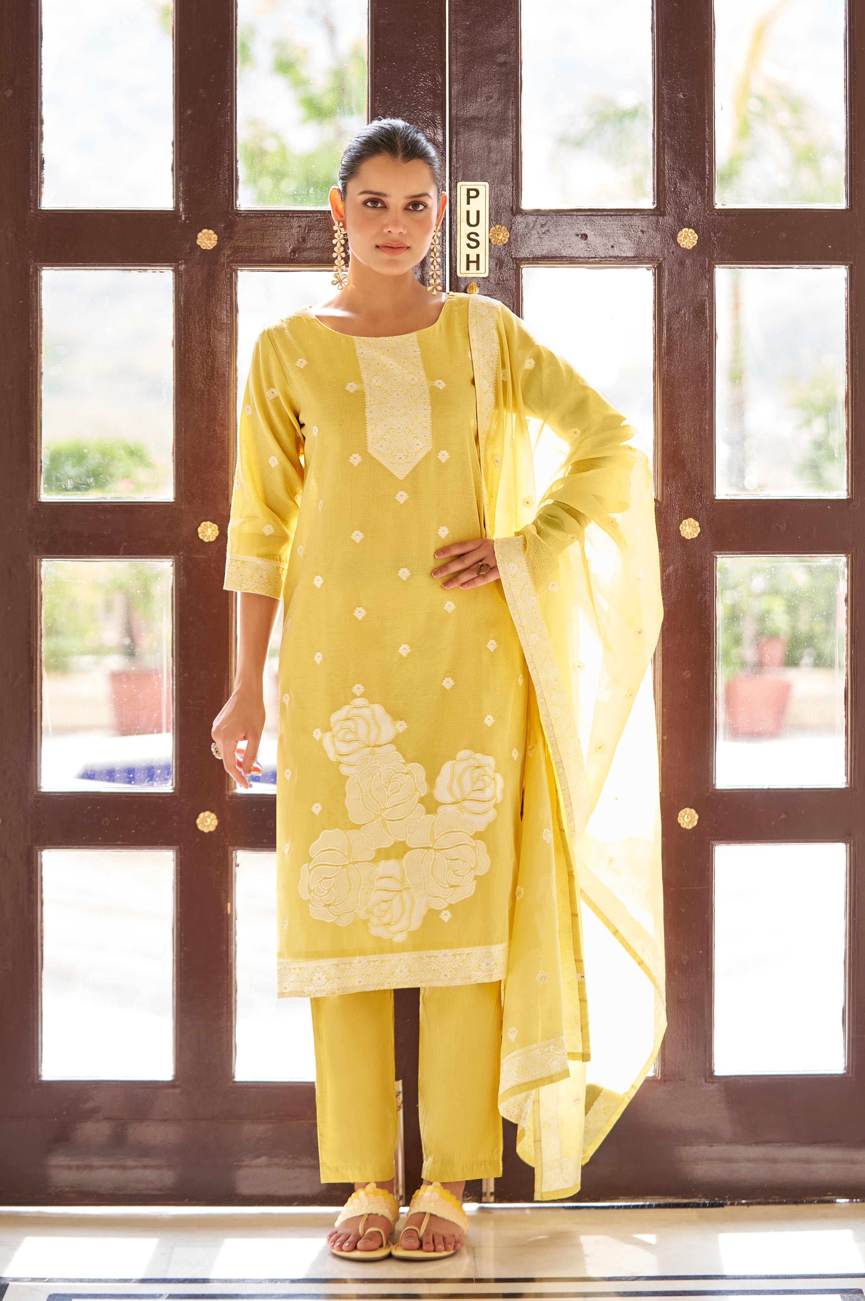 yellow-ethnic-motifs-floral-jacquard-straight-thread-work-kurta-set