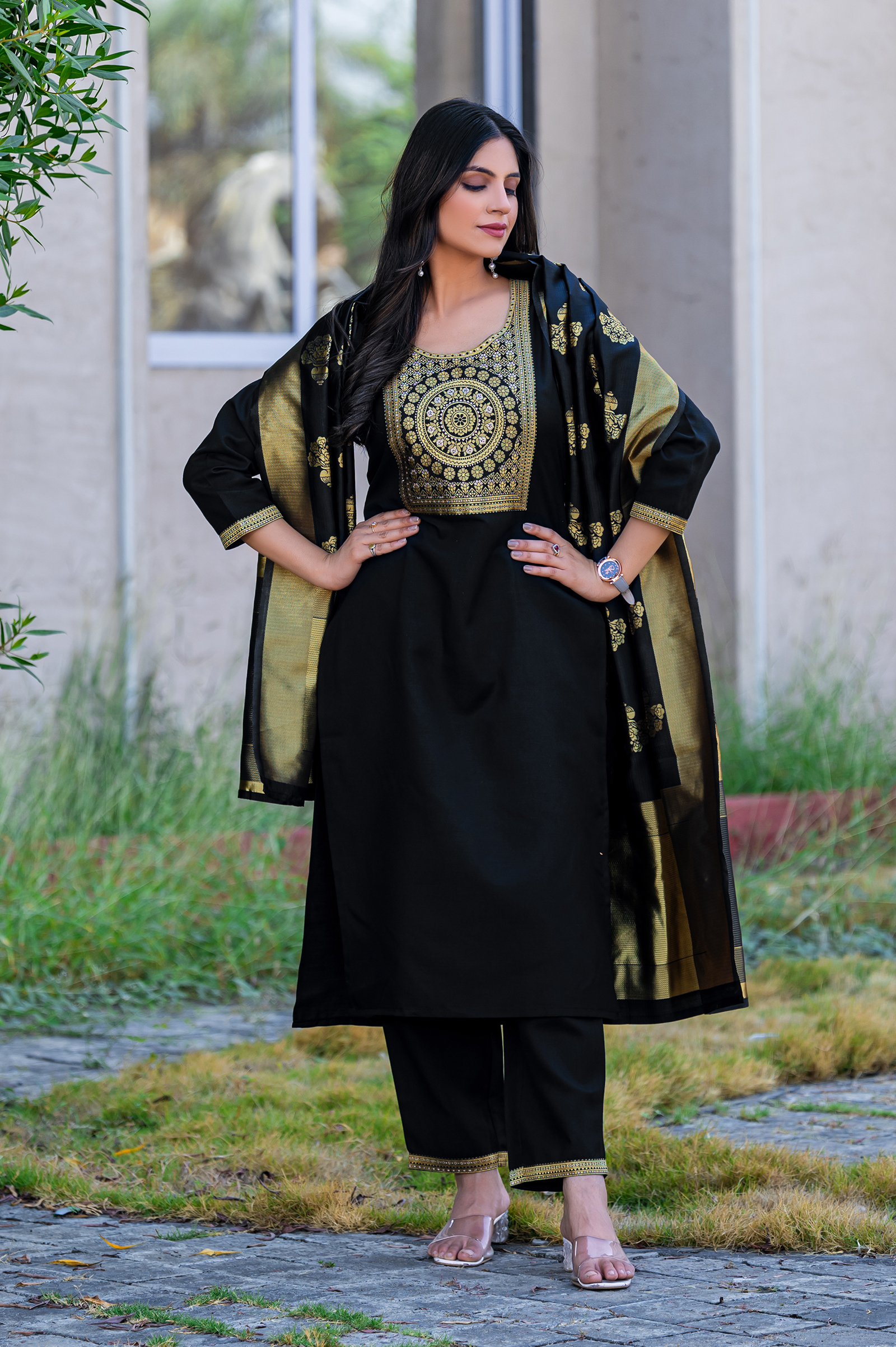black-cotton-blend-jacquard-kurta-set-with-dupatta-for-women