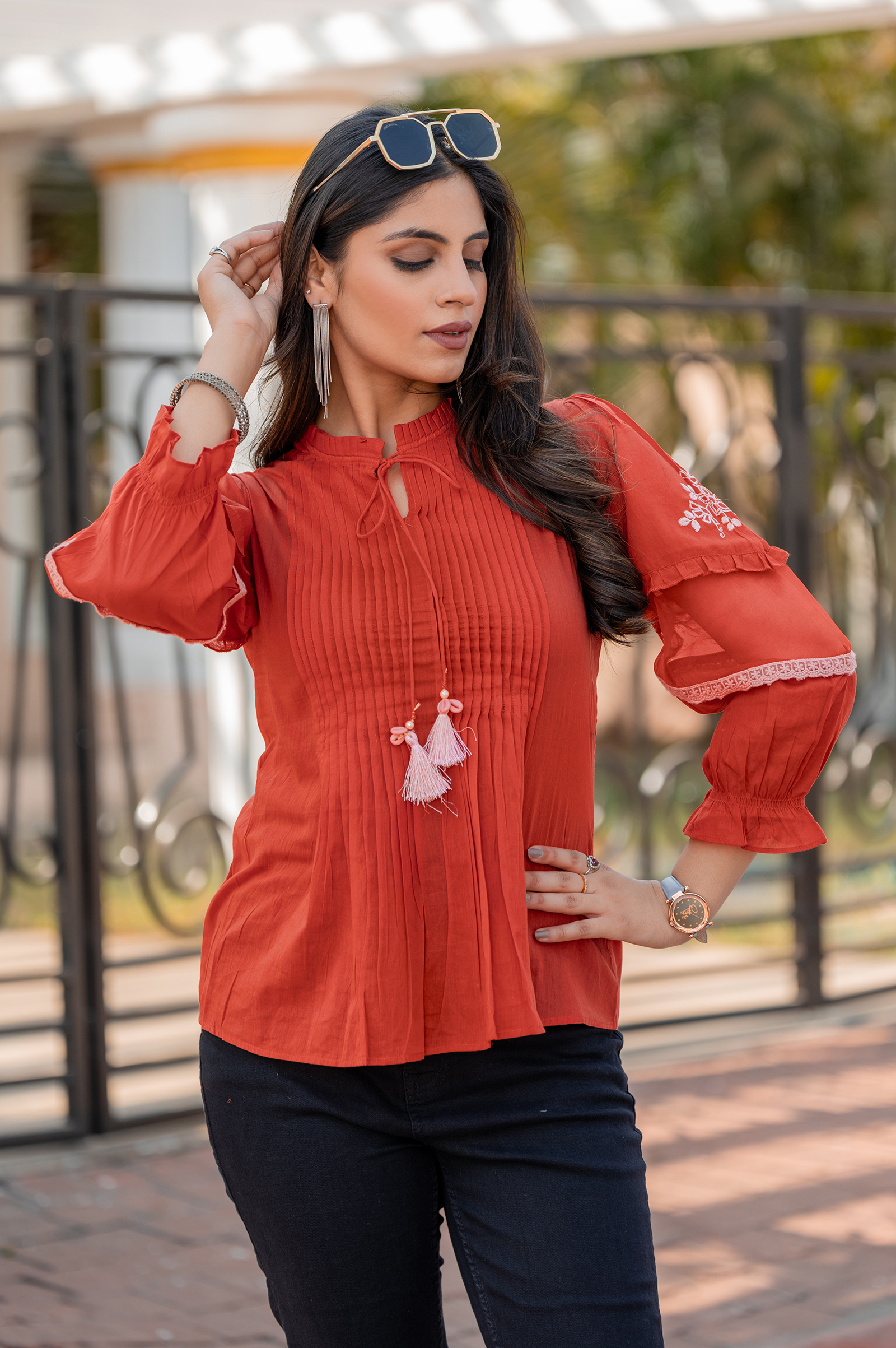 rust-cotton-blend-floral-embroidered-with-lace-work-western-top-for-women