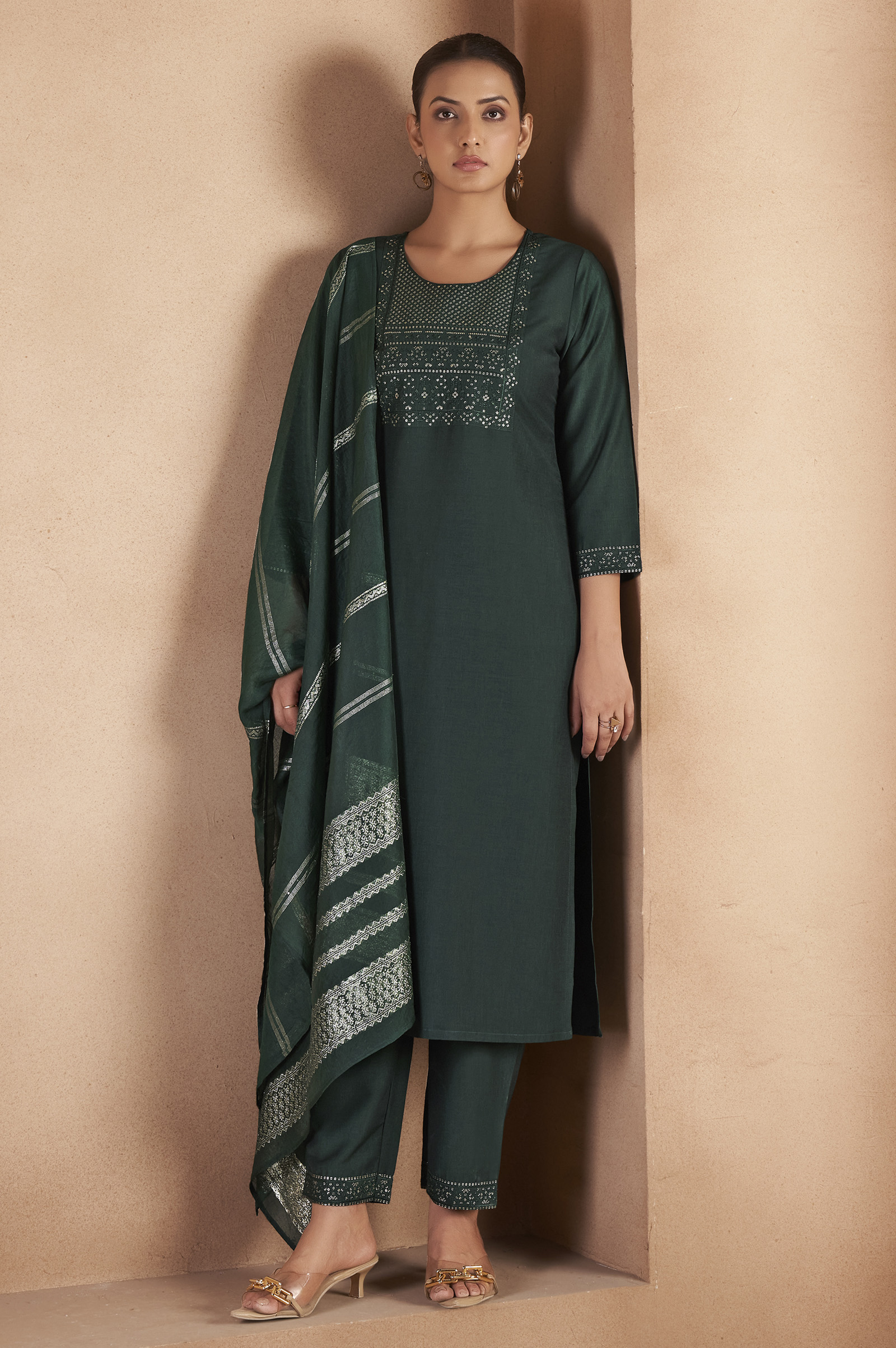 dark-green-cotton-blend-embroidered-with-sequined-work-kurta-set-for-women