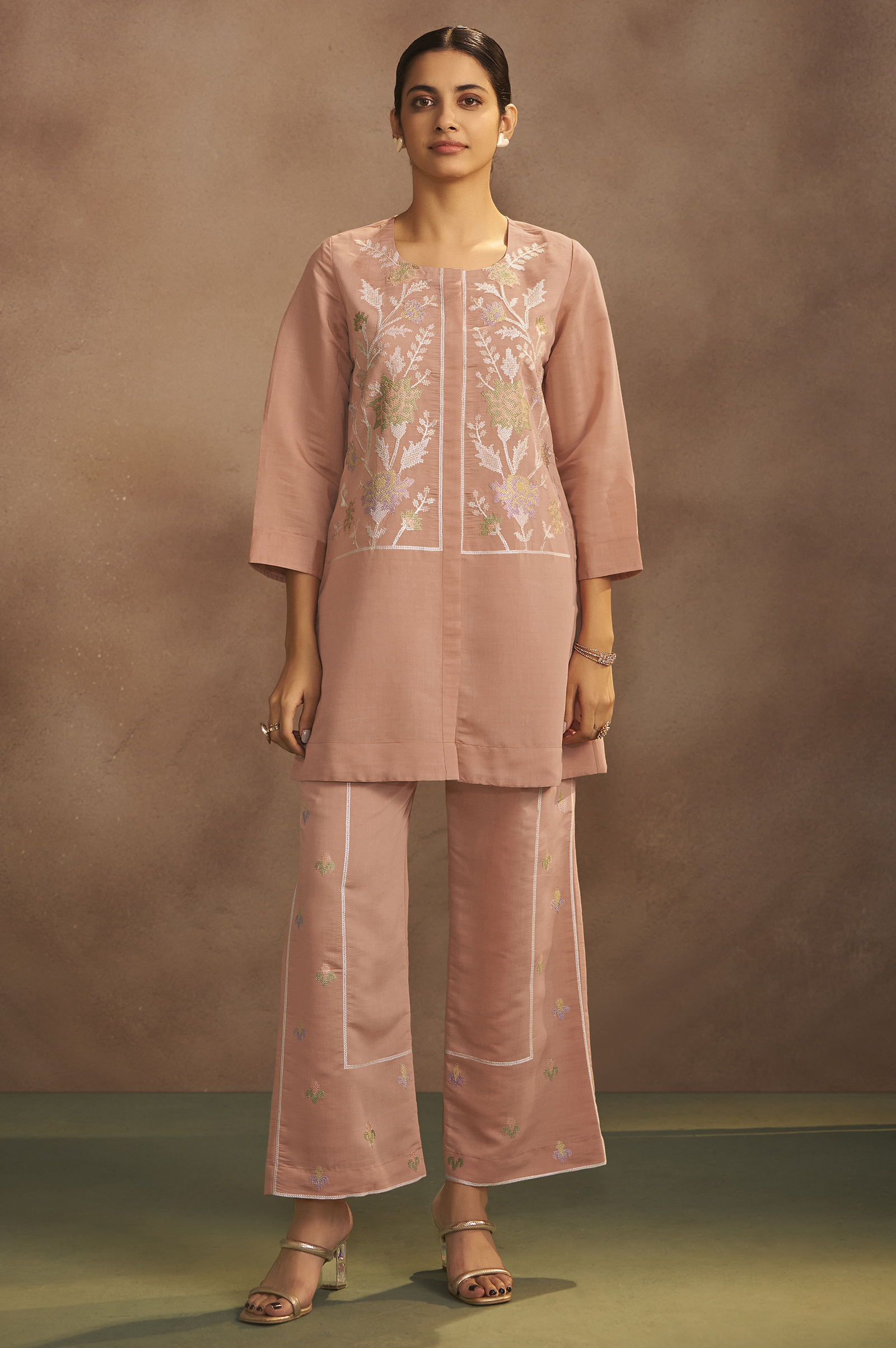 womens-peach-embroidered-flared-roman-silk-co-ord-set-dwc4046
