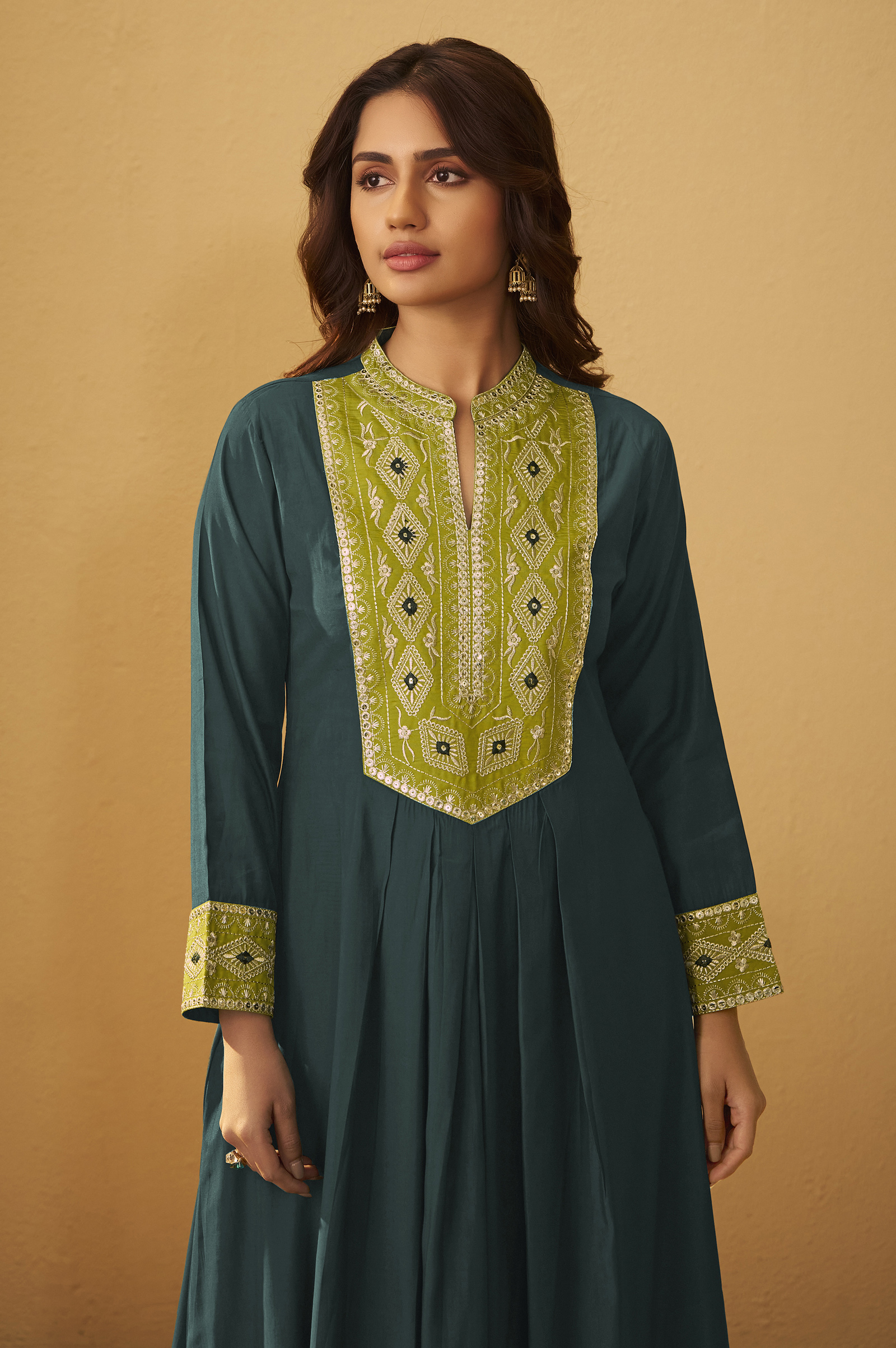 womens-drak-green-roman-silk-embroidered-flared-co-ord-set