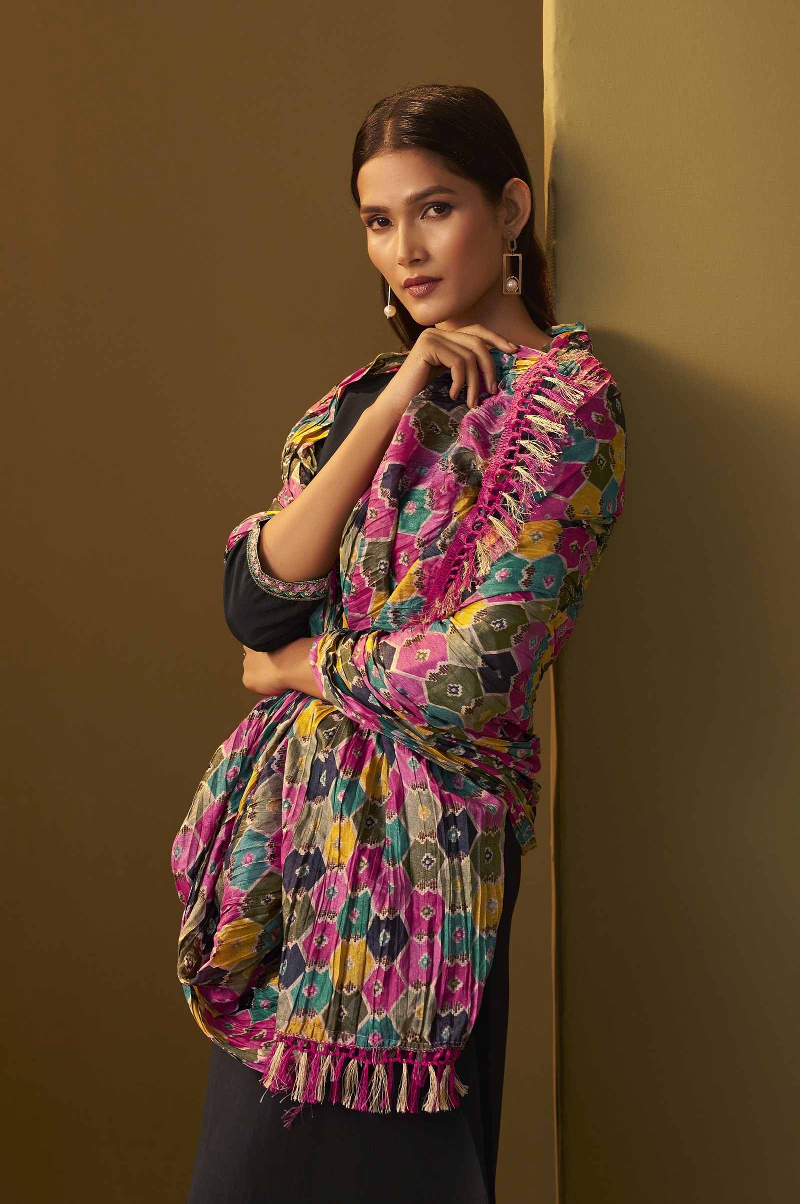womens-black-cotton-blend-embroidered-straight-kurta-set-multicolor-chinon-patola-printed-dupatta-set