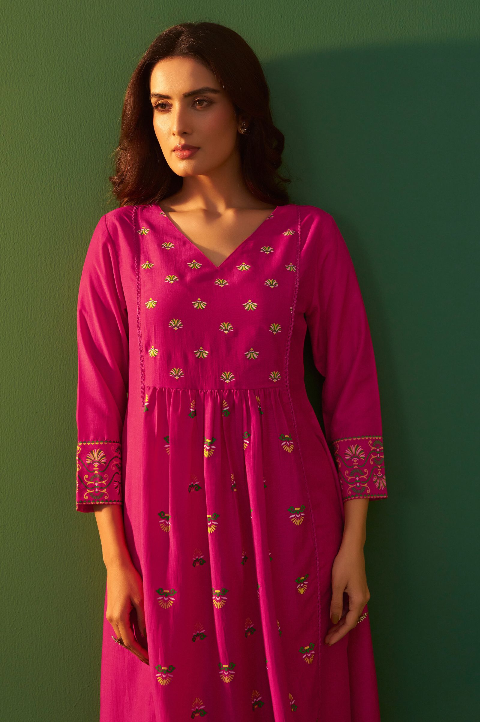 pink-chinnon-printed-flared-calf-length-kurta-with-cotton-printed-dupatta