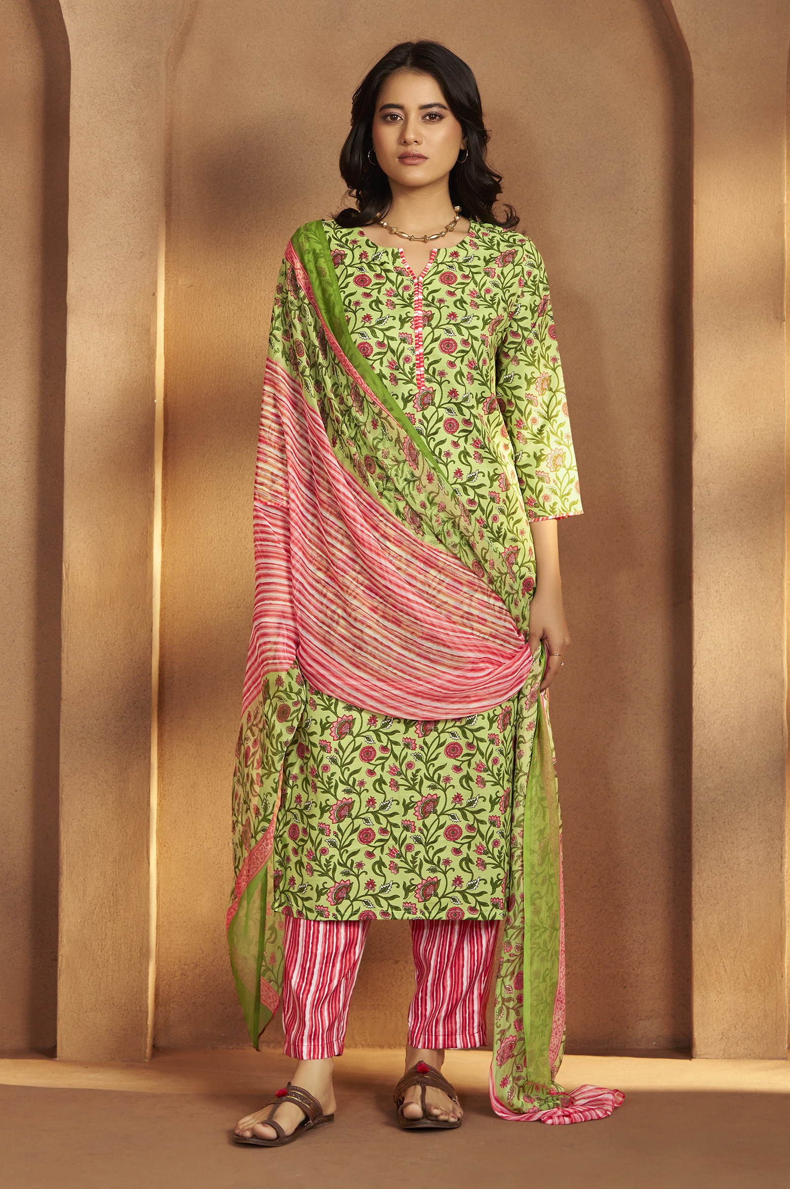 womens-pista-green-cotton-blend-printed-straight-kurta-with-printed-pant-chanderi-printed-dupatta