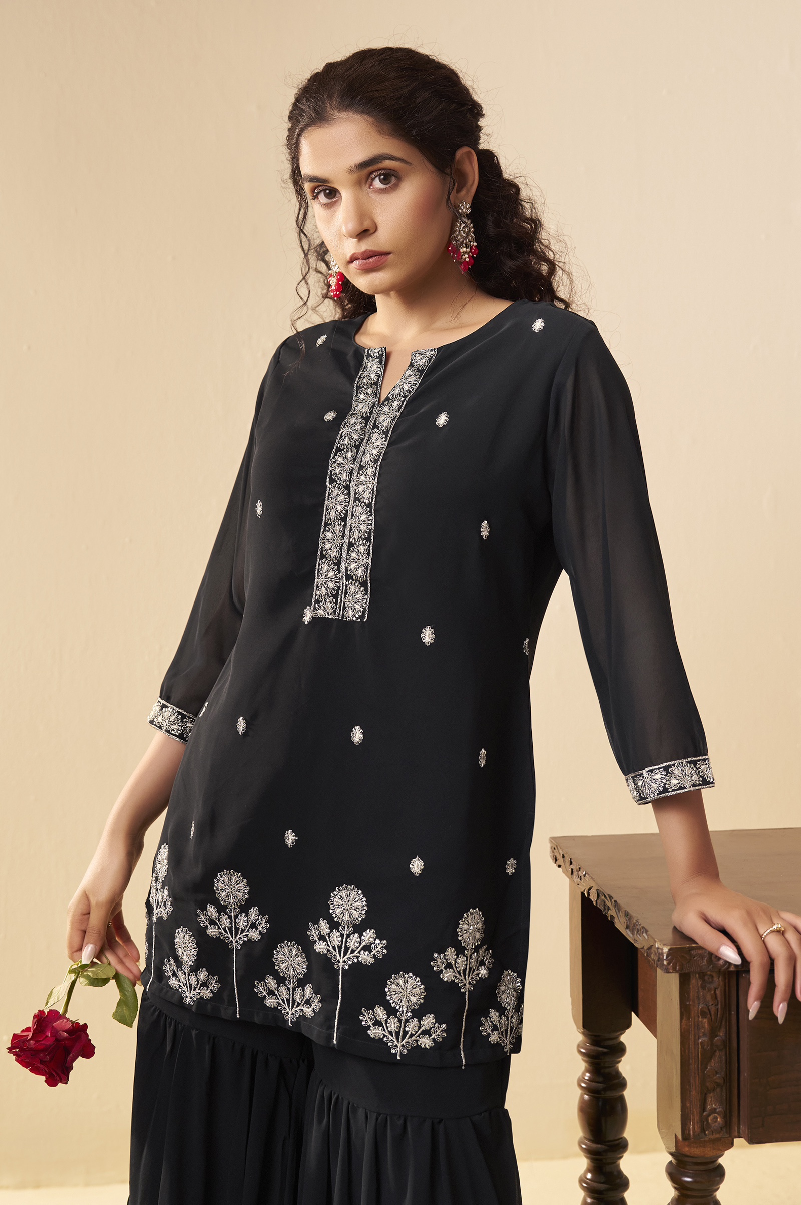 women-black-georgette-handwork-embroidered-straight-kurta-with-sharara-net-dupatta